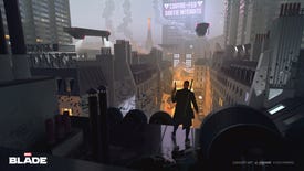 Concept artwork for Arkane's Blade game, showing the title character standing on a roof high above a street in Paris full of burning cars
