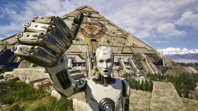 A robot does a big thumbs up in front of a giant pyramid structure  in The Talos Principle 2