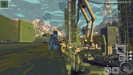 A screenshot from the V.A Proxy demo, showing the robot main character on a flyover looking out across an abandoned city