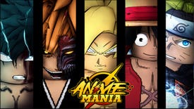 Promotional art for Roblox game Anime Mania, showcasing five anime character faces side by side.