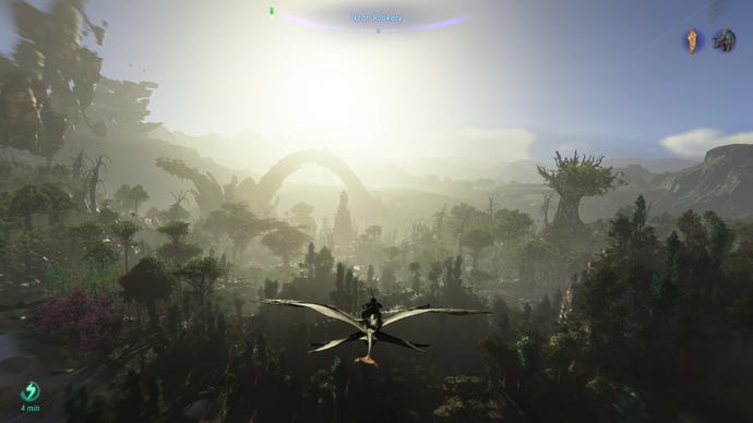 Riding an Ikran in Avatar: Frontiers Of Pandora, the vast jungle passing underneath its wings.