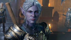 Purple elf lady, cladded in armour, looks concerned in a screenshot from Baldur's Gate 3.