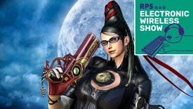 Key art for PlatinumGames's Bayonetta, showing the title character winking and cocking her pistol against the backdrop of a full moon. The Electronic Wireless Show podcast logo, a green square with the title and a bear using a keyboard on it, is in the top right corner