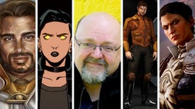 Artwork for several fantasy characters that have been written by David Gaider (pictured in the centre)