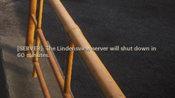 A message in The Day Before that says: "The Lindensview server will shut down in 60 minutes".