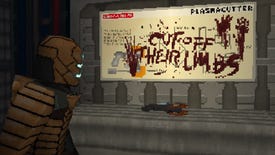 Isaac looks at the "cut off their limbs" sign in Dead Space Demake