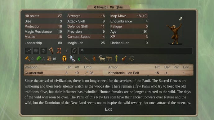 A tooltip summarising the stats of Thronion the Pan, a goat man with a staff, in Dominions 5