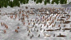 Two infantry armies including giant slugs and scorpions fight in the snow in Dominions 5