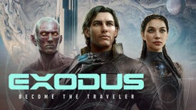 Key art for Exodus, showing a human woman and a man and a humanoid alien staring offscreen grandly. They all look like total dorks.