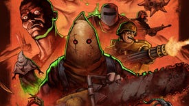 Key art for the Dusk HD remaster, with several enemies including hooded cult members, people in welding visors and soldiers with Gatling guns looking outward at the viewer
