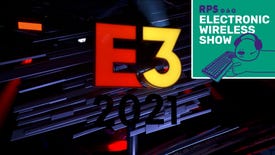 A photo of the E3 2021 sign above its main stage, with the Electronic Wireless Show logo added in the top-right corner.