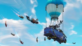 Fortnite's Battle Bus soars across the sky as players skydive towards the map.