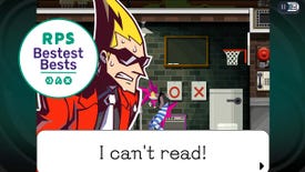 Sissel discovers he cannot read in Ghost Trick: Phantom Detective, with the RPS Bestest Best logo in the corner