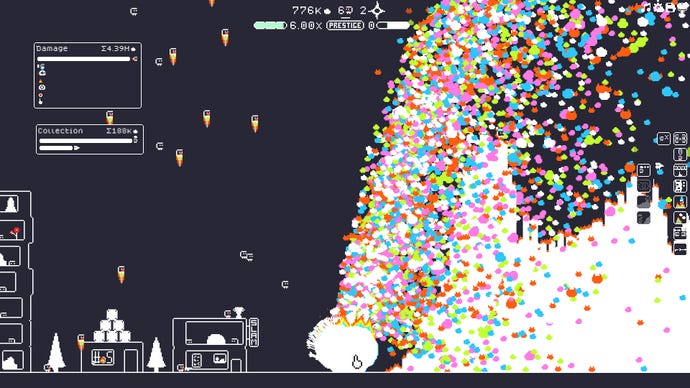 The rock spews colourful pixel shards in incremental town builder (the) Gnorp Apologue.