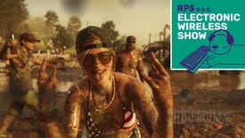 An NPC from Grand Theft Auto 6 in a bikini, covered in mud, at what appears to be some kind of festival. The green square Electronic Wireless Show podcast logo is superimposed on the top right corner