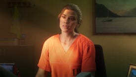 Lucia, the female protagonist of GTA 6, sits in prison overalls in an office.