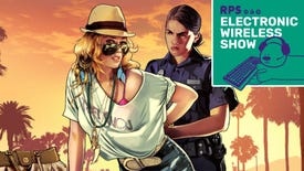 A woman being arrested in a screenshot from Grand Theft Auto 5, with the Electronic Wireless Show green square podcast logo in the top right corner
