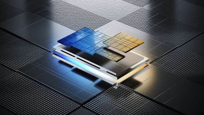 A stylised CGI render of an Intel Core Ultra laptop CPU.