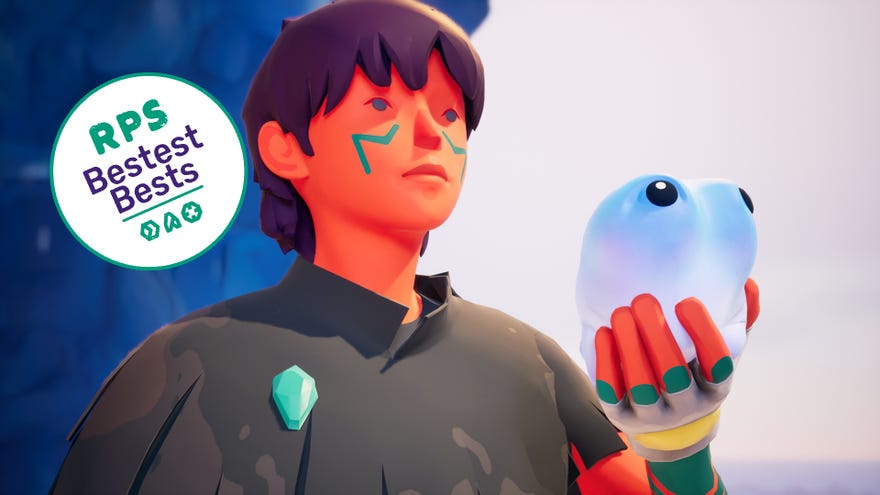 The main character in Jusant holding their little blue water blob friend. The RPS Bestest Best award sticker is on the left side of the screenshot