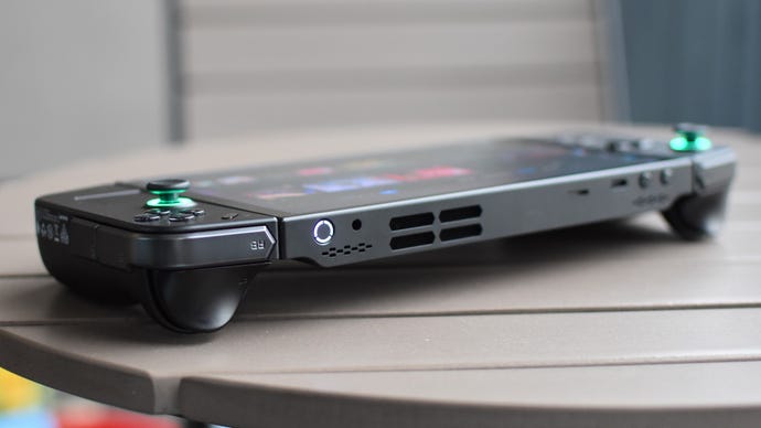 A side-on view of the Lenovo Legion Go, showing its power button and top air vents.
