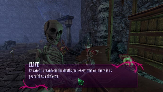 A skeleton called Clive speaks to the player in Lunacid