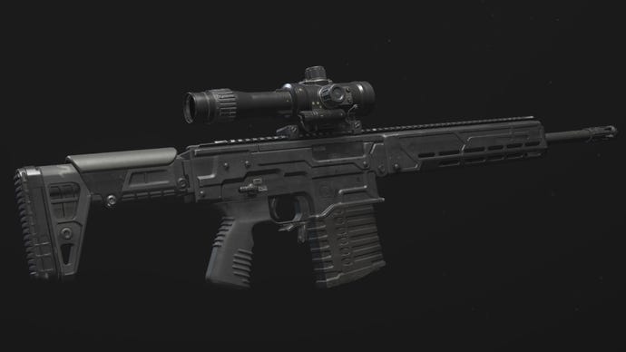 A close-up of the KV Inhibitor Sniper Rifle in Modern Warfare 3.