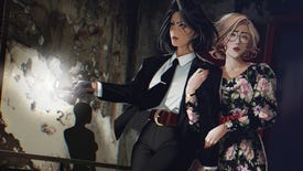 Two women, one in a suit and one in a floral dress, investigate a burned-out building in Night Cascades artwork.