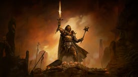 Artwork of Path Of Exile 2's Marauder class, who is standing on a pile of skulls and holding up their sword