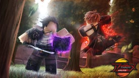 Two anime-stylised Roblox figures fighting in a forest, with purple and red magic glows surrounding them.