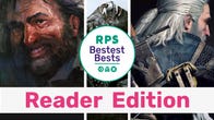 Artwork from Disco Elysium, Skyrim and The Witcher 3, behind the RPS Bestest Best Reader Edition logo