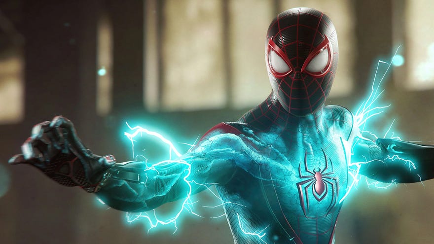 Miles Morales crackles with blue energy in Spider-Man 2