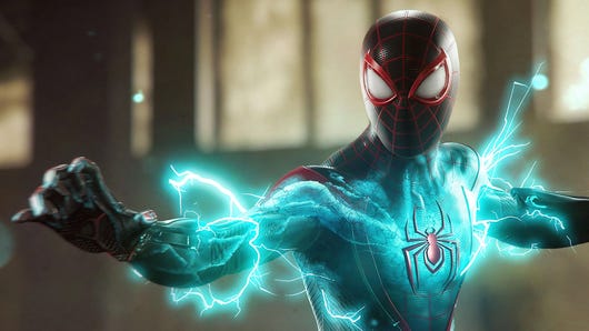 Miles Morales crackles with blue energy in Spider-Man 2