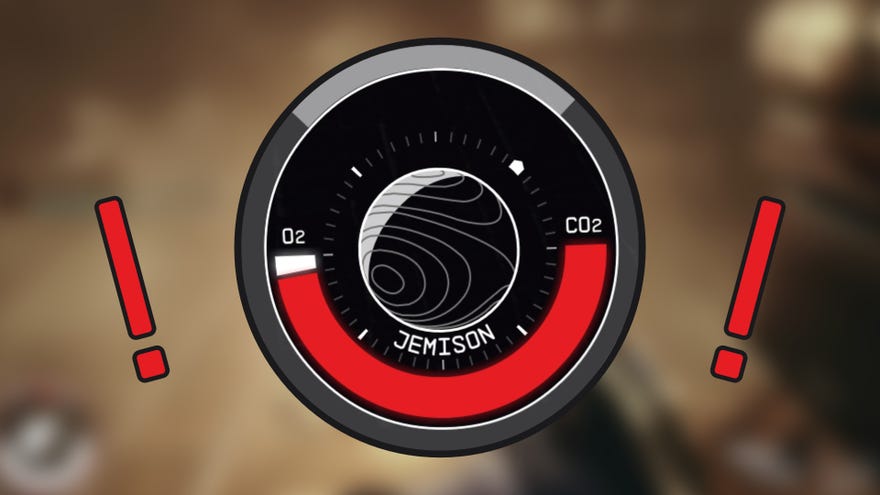 A close-up of the compass UI element in Starfield, with the oxygen bar almost fully red with CO2.