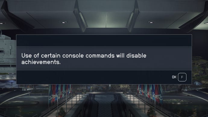 A pop-up in Starfield tells players that use of certain console commands will disable achievements.