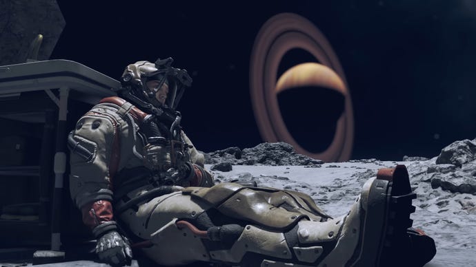 Heller sprawls against the side of a crate on a moon in Starfield.