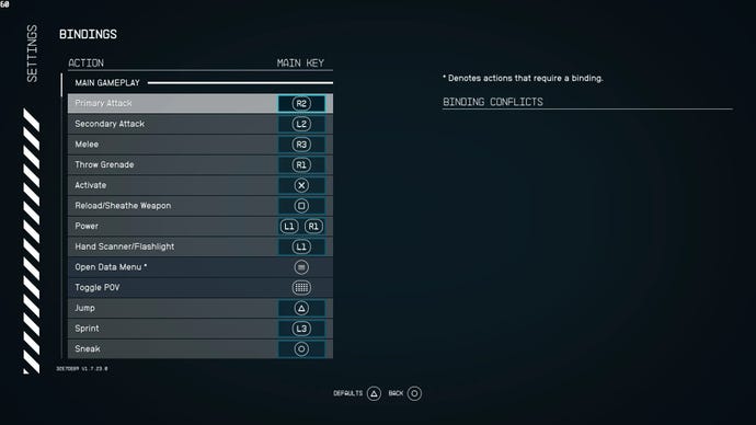 The Starfield bindings menu, with a mod allowing PS5 controller icons to be displayed.