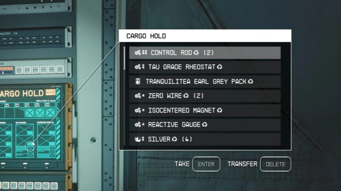 A close-up of a container menu in Starfield, with icons shown next to each item thanks to the Icon Sorting Tags mod.