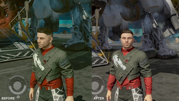 A side-by-side comparison of the same scene of a player in Starfield standing outside their ship. Left: vanilla Starfield. Right: Neutral LUTs mod.