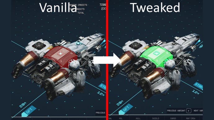 A side-by-side comparison of the same unfinished ship in Starfield. Left: Vanilla Starfield, showing that a module won't fit in the ship. Right: the same module will now fit thanks to the Ship Builder Tolerance Tweaks mod.