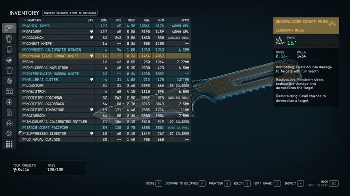 The weapon inventory screen in Starfield, made more compact with the StarUI Inventory mod.