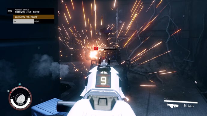 The player in Starfield shoots an automatic rifle at a robot enemy in a hallway.