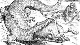 A black and white woodcut illustration of a giant crocodile with an like half stuck inside it
