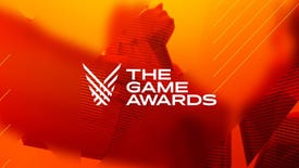 A logo for The Game Awards against an orange, yellow, and red background, showing a stylised 3D model of a Game Awards trophy in the shape of a winged figure.