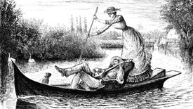 A man reclining in an armchair on a small river boat is playing the banjo as a faintly smiling woman stands behind him pushing on the oar.