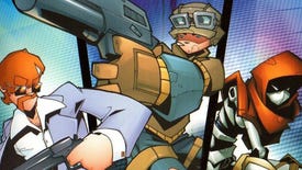 The artwork for TimeSplitters 2, showing three characters as one points a gun