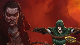 Green hooded man prepares his whip with a spooky vampire looming in the background in Vampire Survivors art