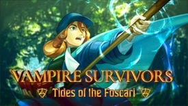 A blue clothed mage holds a staff into the air in art for Vampire Survivors' Tides Of The Foscari DLC