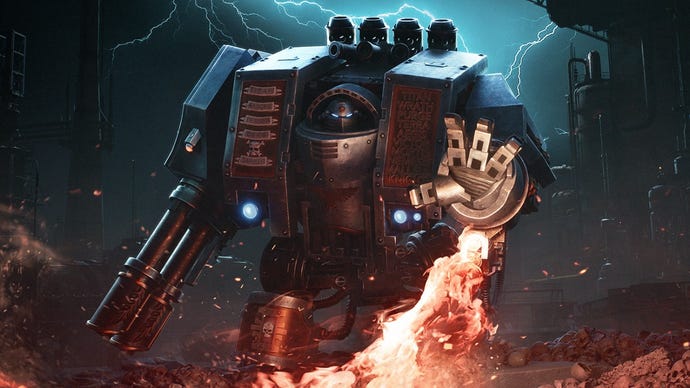 The Vernerable Dreadnought raises their hand flamethrower in artwork for the Warhammer 40K: Chaos Gate - Daemonhuners: Duty Eternal expansion