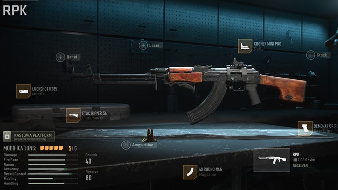 The RPK LMG in the Warzone 2 Gunsmith screen, with all the attachments for the best RPK loadout applied.