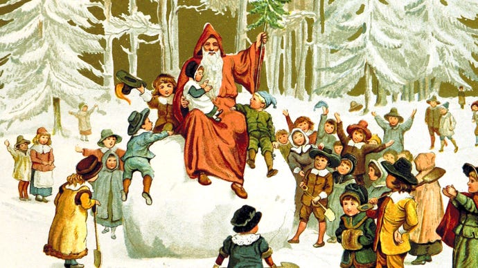 An illustration of Father Christmas sitting on a giant snowball, surrounded by little children.